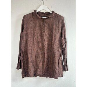 Tancredi & Morgen Women’s L/XL Brown Linen Henley Button Long Sleeve Tunic Top